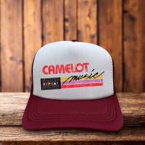 Defunct Camelot Music Mens Trucker Hat Maroon Snapback 1956 Logo Baseball Cap